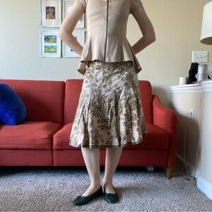 Anthropologie Odille neutral tan FLORAL GODET-style flowy skirt KNEE LENGTH MIDI